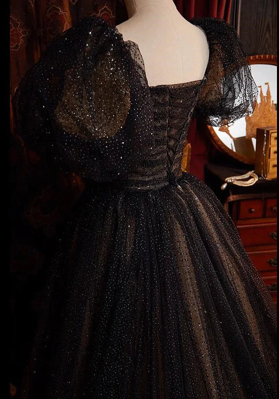 A-line Black and Champagne Tulle Long Party Dress